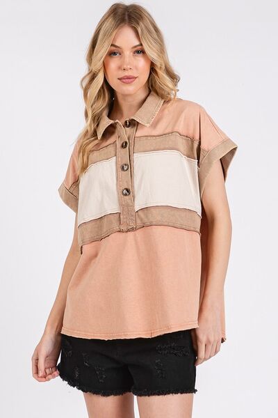 Mittoshop Mineral Washed Half Button Polo Top.