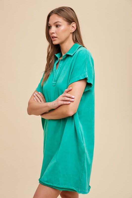 Annie Wear Mineral Washed Johnny Collar Short Sleeve Dress.