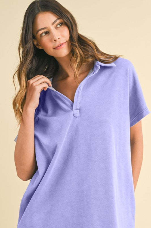 Annie Wear Mineral Washed Johnny Collar Short Sleeve Dress.