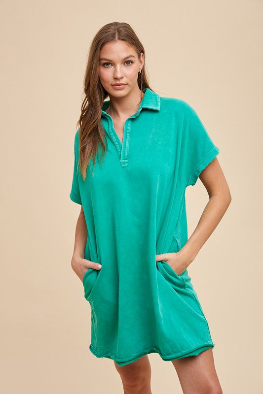 Annie Wear Mineral Washed Johnny Collar Short Sleeve Dress.