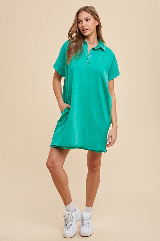 Annie Wear Mineral Washed Johnny Collar Short Sleeve Dress.