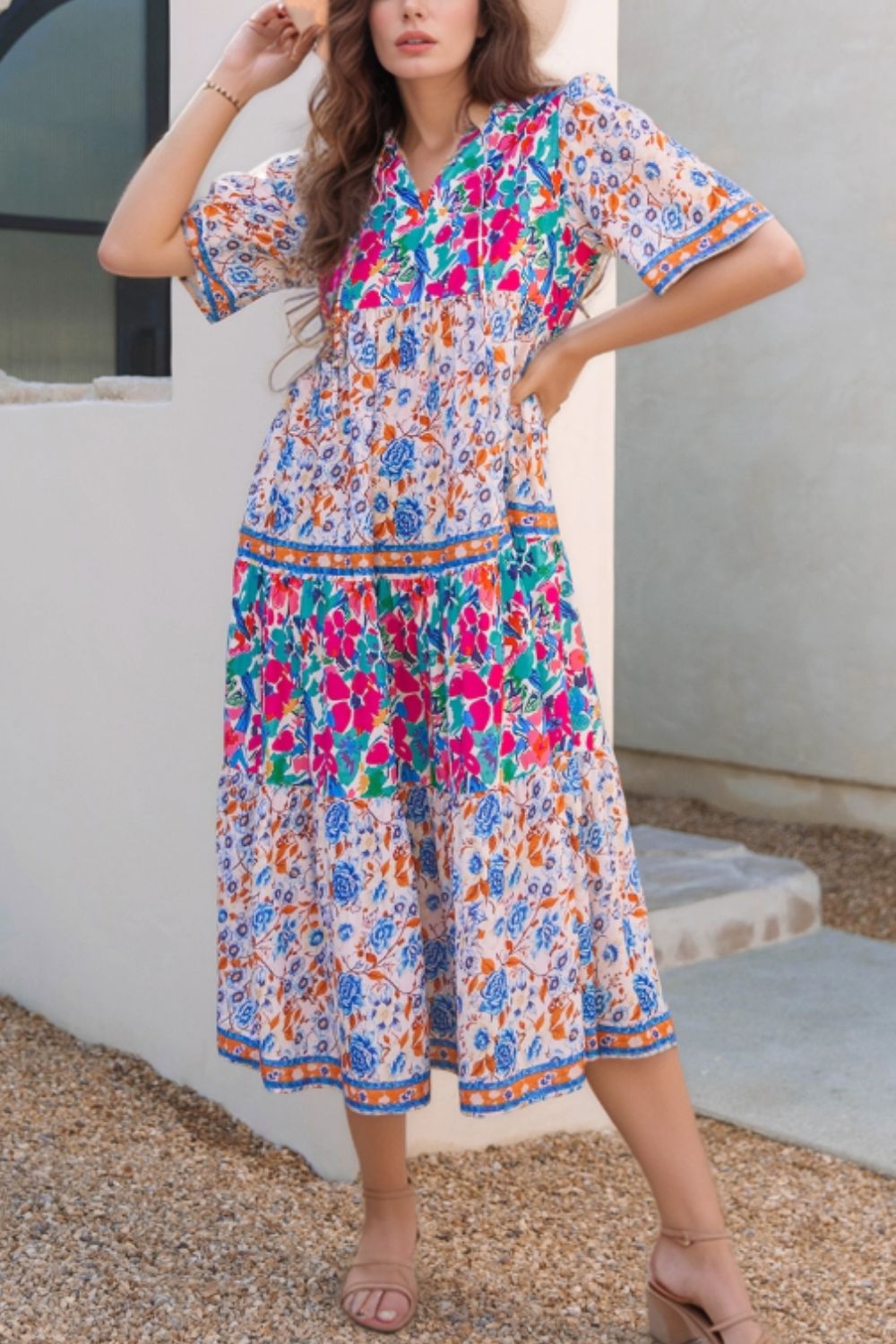 Mixed Floral Print Tie Neck Short Sleeve Dress.