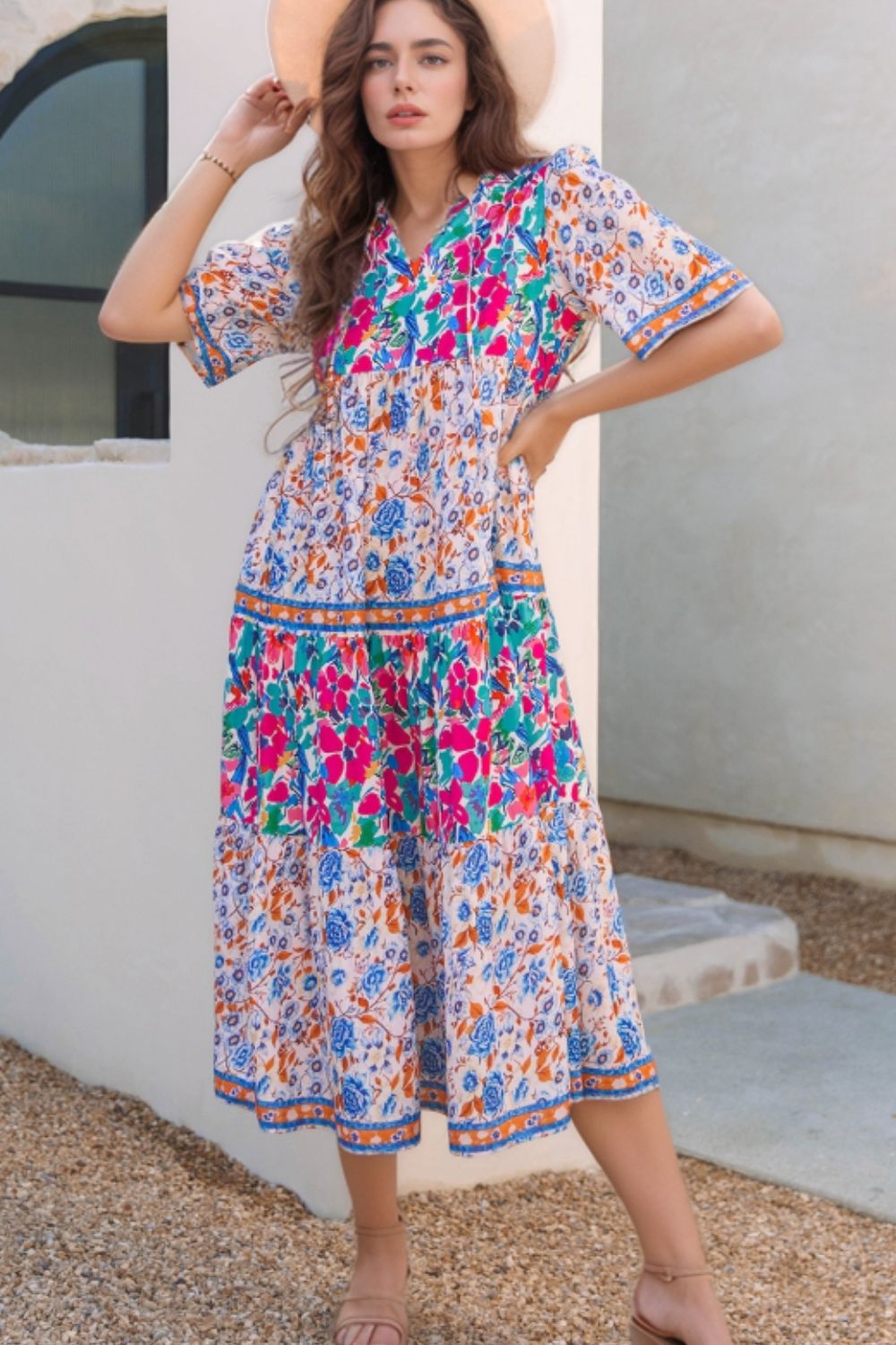 Mixed Floral Print Tie Neck Short Sleeve Dress.