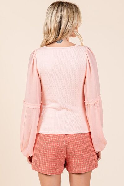 Mittoshop Mixed Media Textured Knit Chiffon Long Sleeve Top.