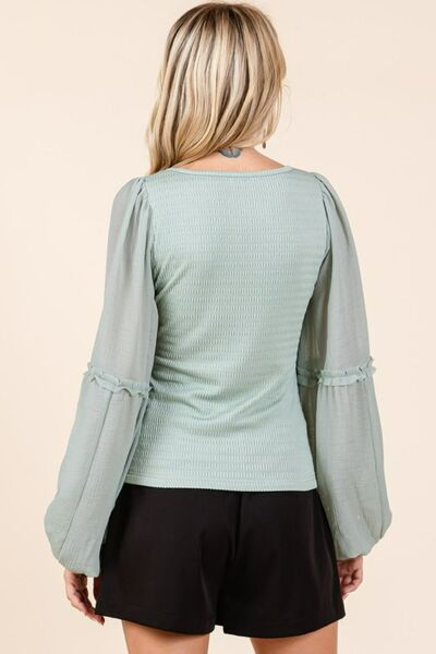 Mittoshop Mixed Media Textured Knit Chiffon Long Sleeve Top.