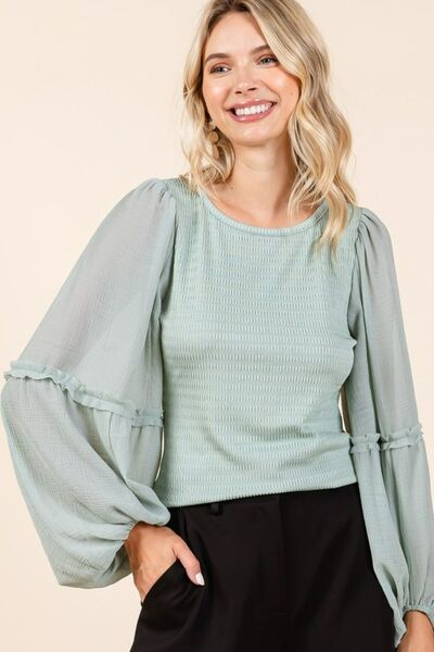 Mittoshop Mixed Media Textured Knit Chiffon Long Sleeve Top.
