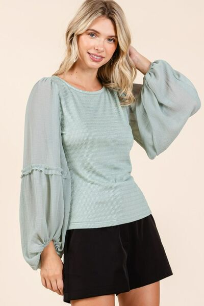 Mittoshop Mixed Media Textured Knit Chiffon Long Sleeve Top.