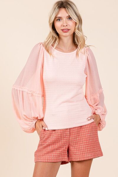 Mittoshop Mixed Media Textured Knit Chiffon Long Sleeve Top.