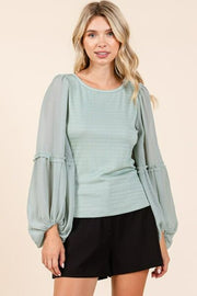 Mittoshop Mixed Media Textured Knit Chiffon Long Sleeve Top.