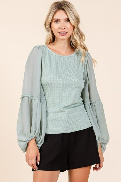 Mittoshop Mixed Media Textured Knit Chiffon Long Sleeve Top.