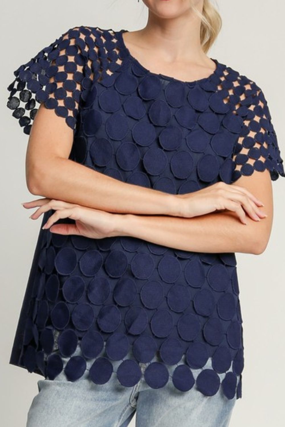 Umgee full size Mixed Polka Dot Lace Raglan Sleeve Boxy Cut Top, plus size.