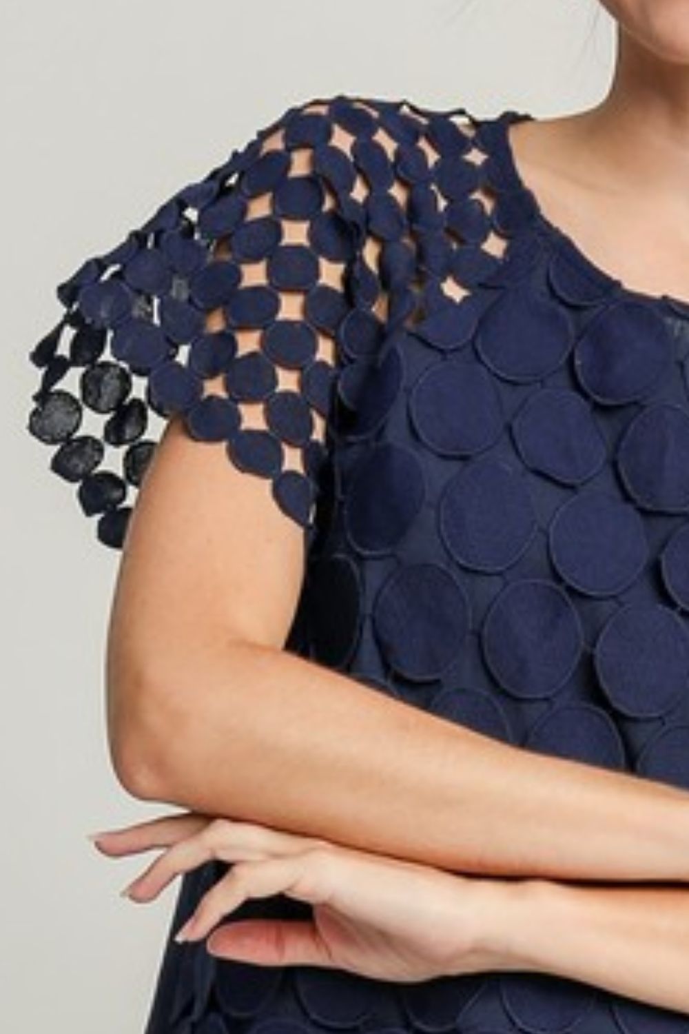 Umgee full size Mixed Polka Dot Lace Raglan Sleeve Boxy Cut Top, plus size.