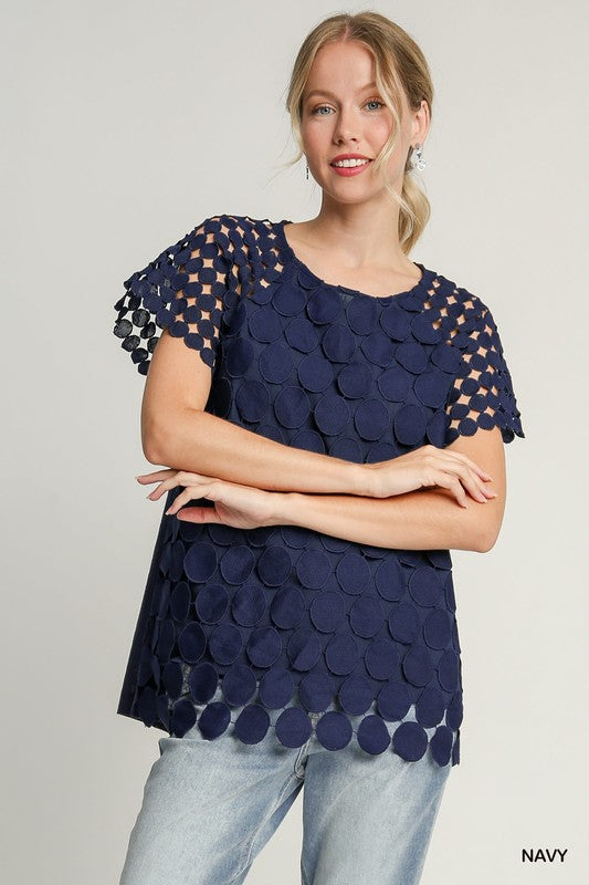 Umgee full size Mixed Polka Dot Lace Raglan Sleeve Boxy Cut Top, plus size.