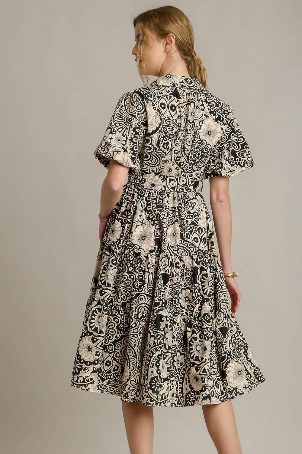 Umgee Plus Size Mixed Print A-Line Tiered Midi Dress.