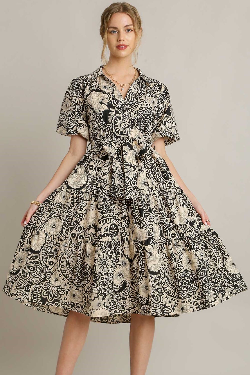 Umgee Plus Size Mixed Print A-Line Tiered Midi Dress.