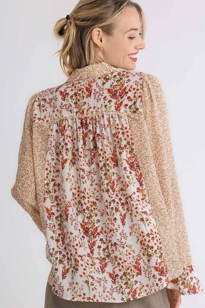Umgee full size Mixed Print Metallic Detail Long Ruffle Sleeve Button Down Shirt, plus size.