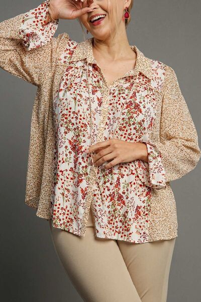 Umgee full size Mixed Print Metallic Detail Long Ruffle Sleeve Button Down Shirt, plus size.