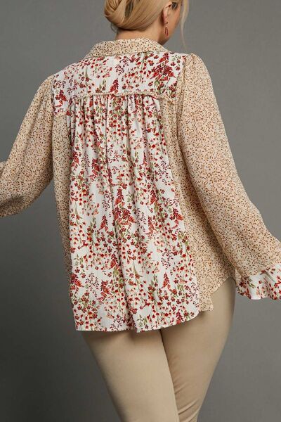 Umgee full size Mixed Print Metallic Detail Long Ruffle Sleeve Button Down Shirt, plus size.