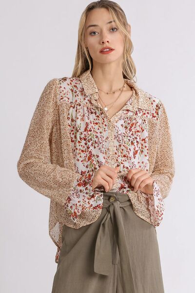 Umgee full size Mixed Print Metallic Detail Long Ruffle Sleeve Button Down Shirt, plus size.