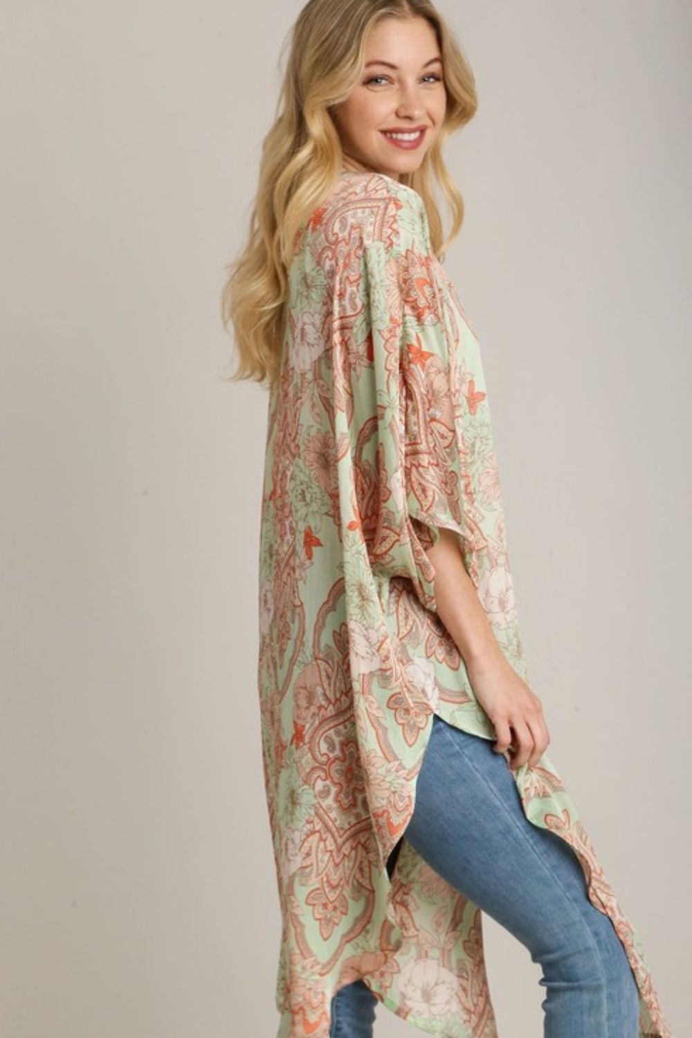 Umgee Mixed Print Open Front Kimono with Ruffle Sleeves Plus Size.