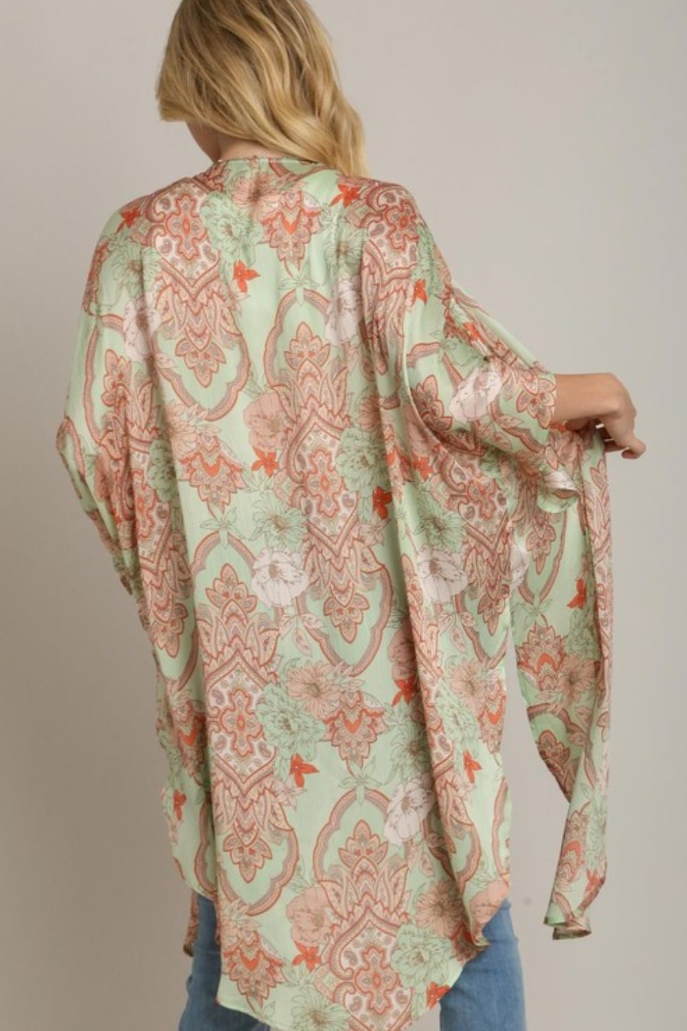 Umgee Mixed Print Open Front Kimono with Ruffle Sleeves Plus Size.
