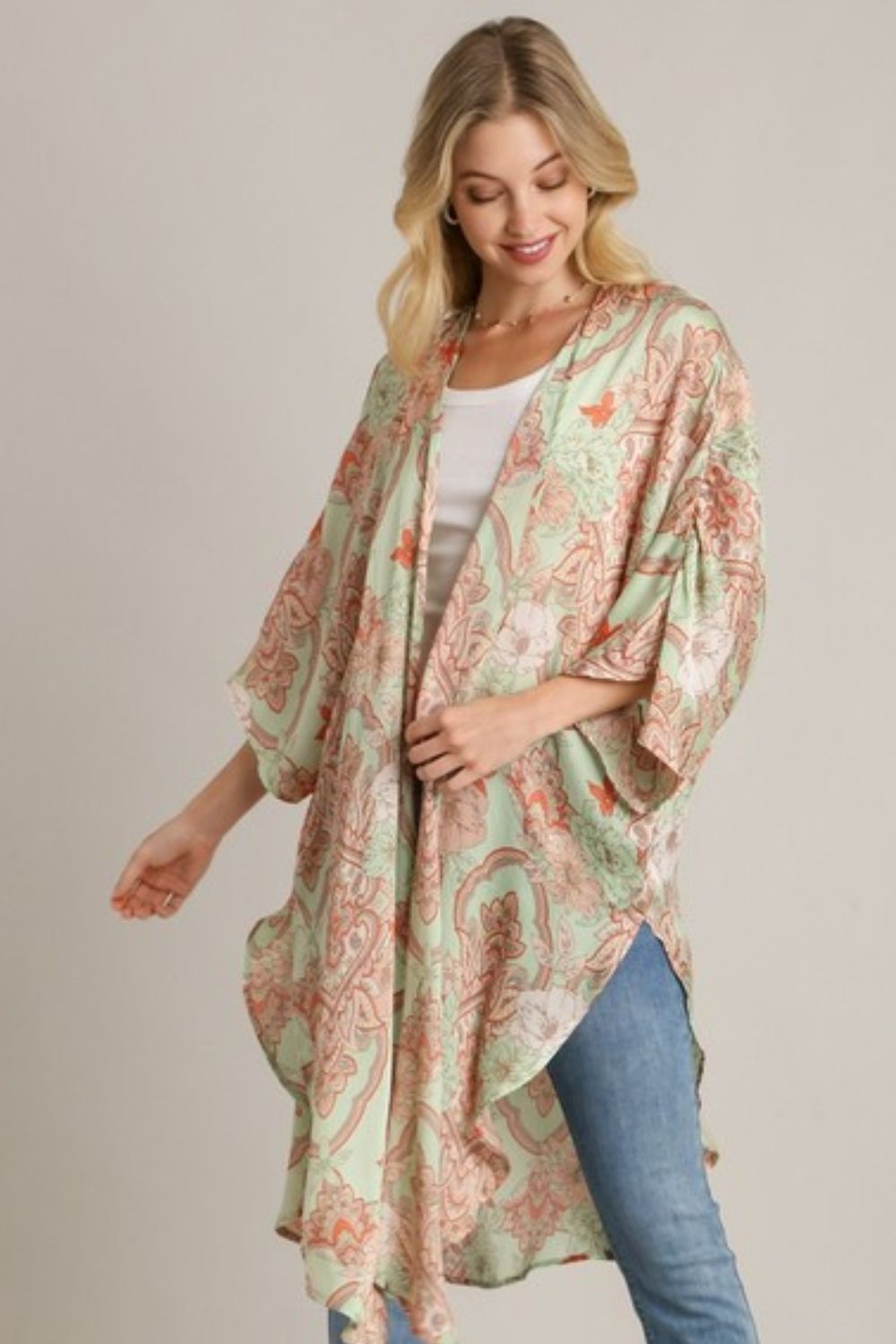 Umgee Mixed Print Open Front Kimono with Ruffle Sleeves Plus Size.
