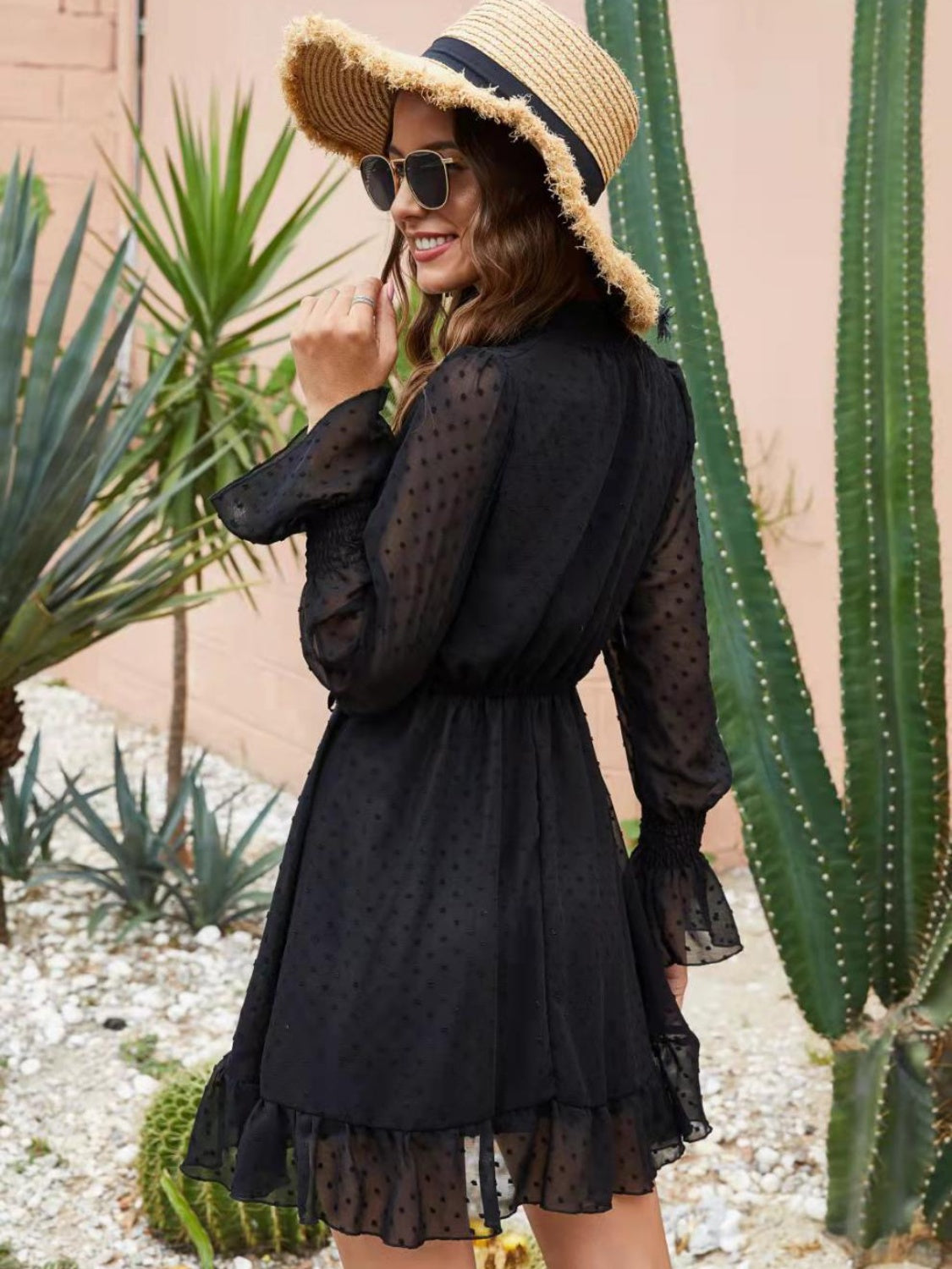 Mock Neck Flounce Sleeve Mini Dress.