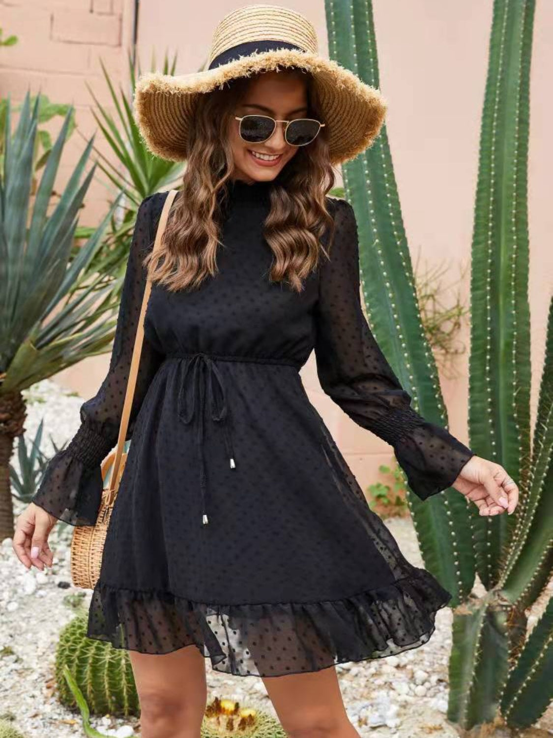Mock Neck Flounce Sleeve Mini Dress.