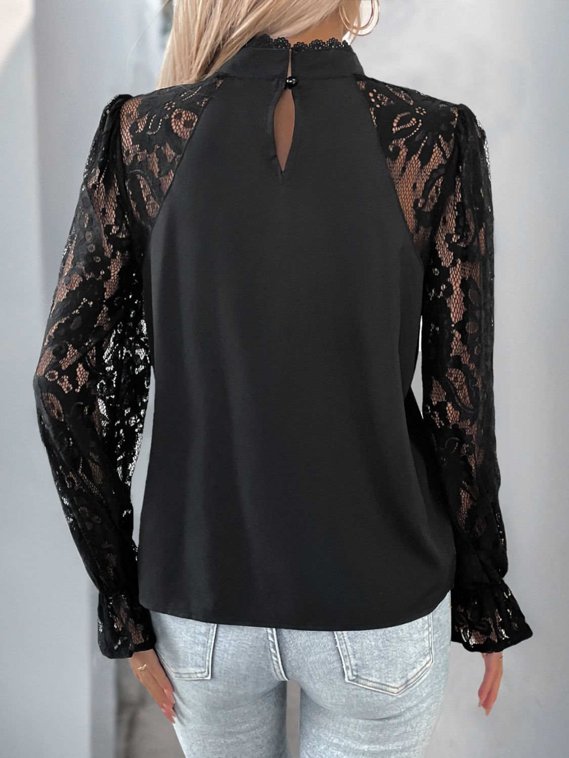Perfee Mock Neck Lace Long Sleeve Blouse.