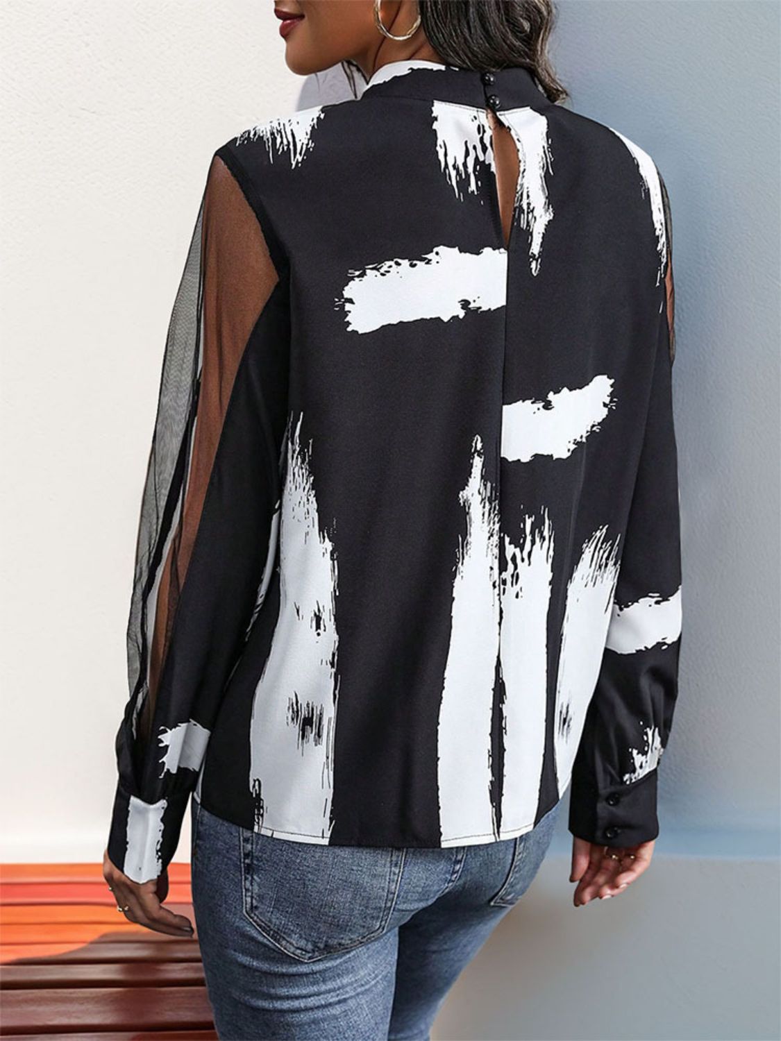 Perfee Mock Neck Mesh Long Sleeve Blouse.