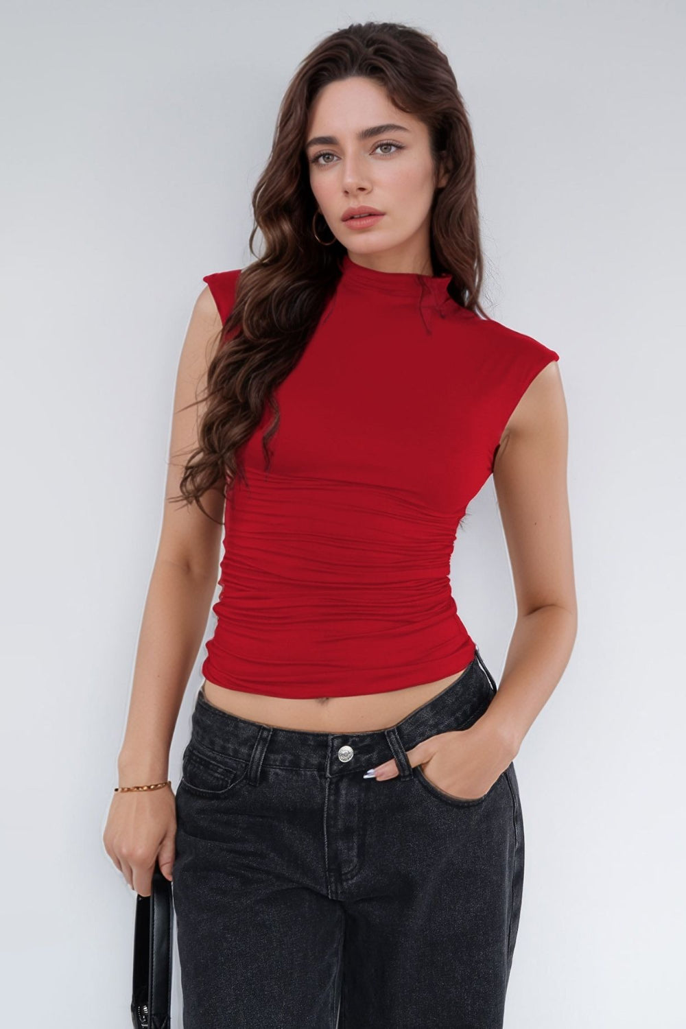 Mock neck ruched tank top.