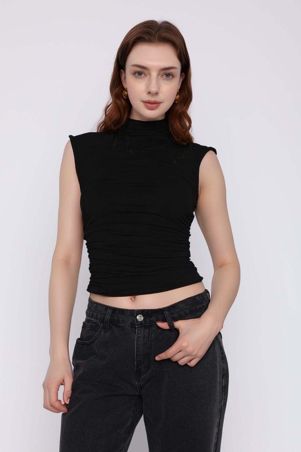 Mock neck ruched tank top.