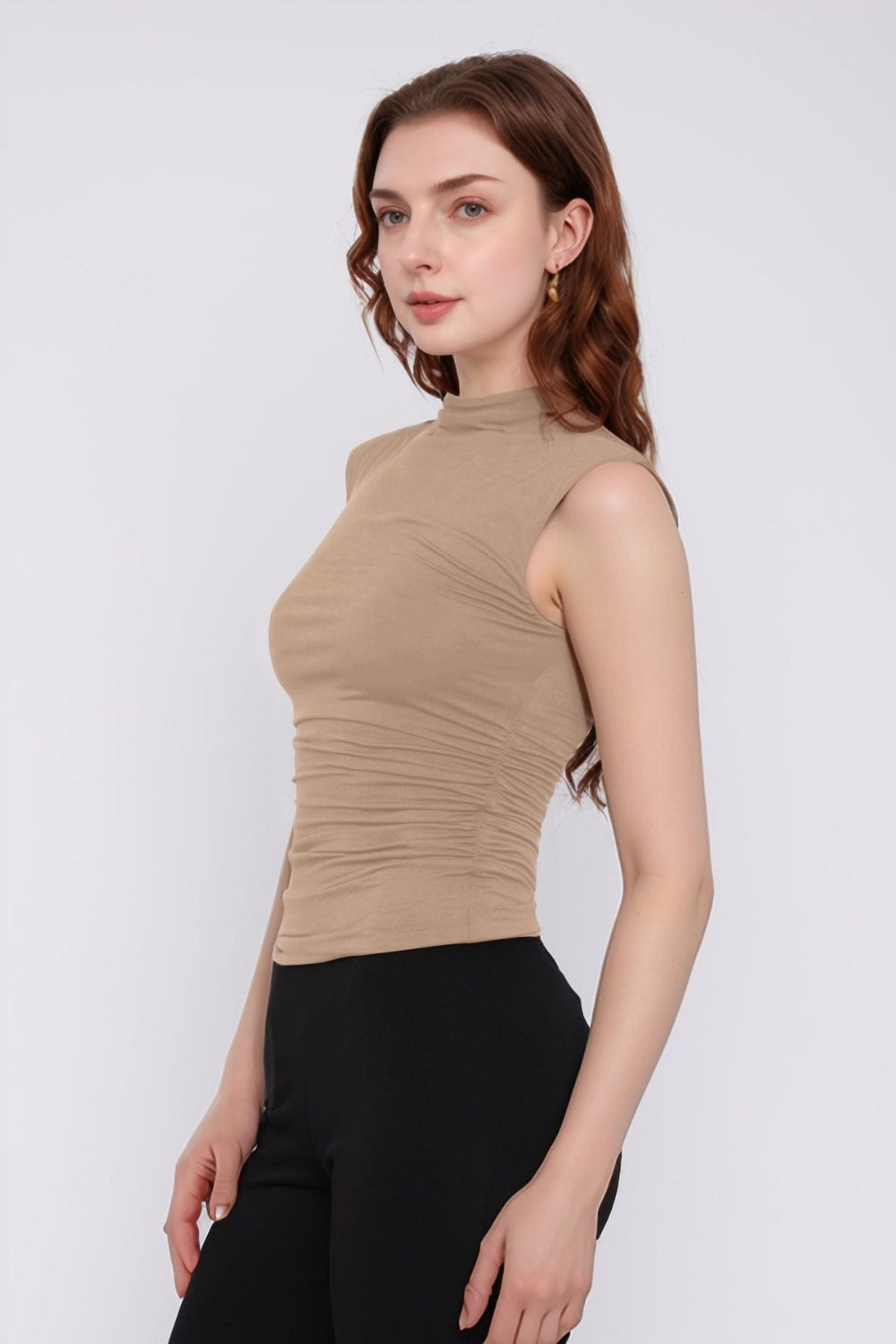 Mock neck ruched tank top.