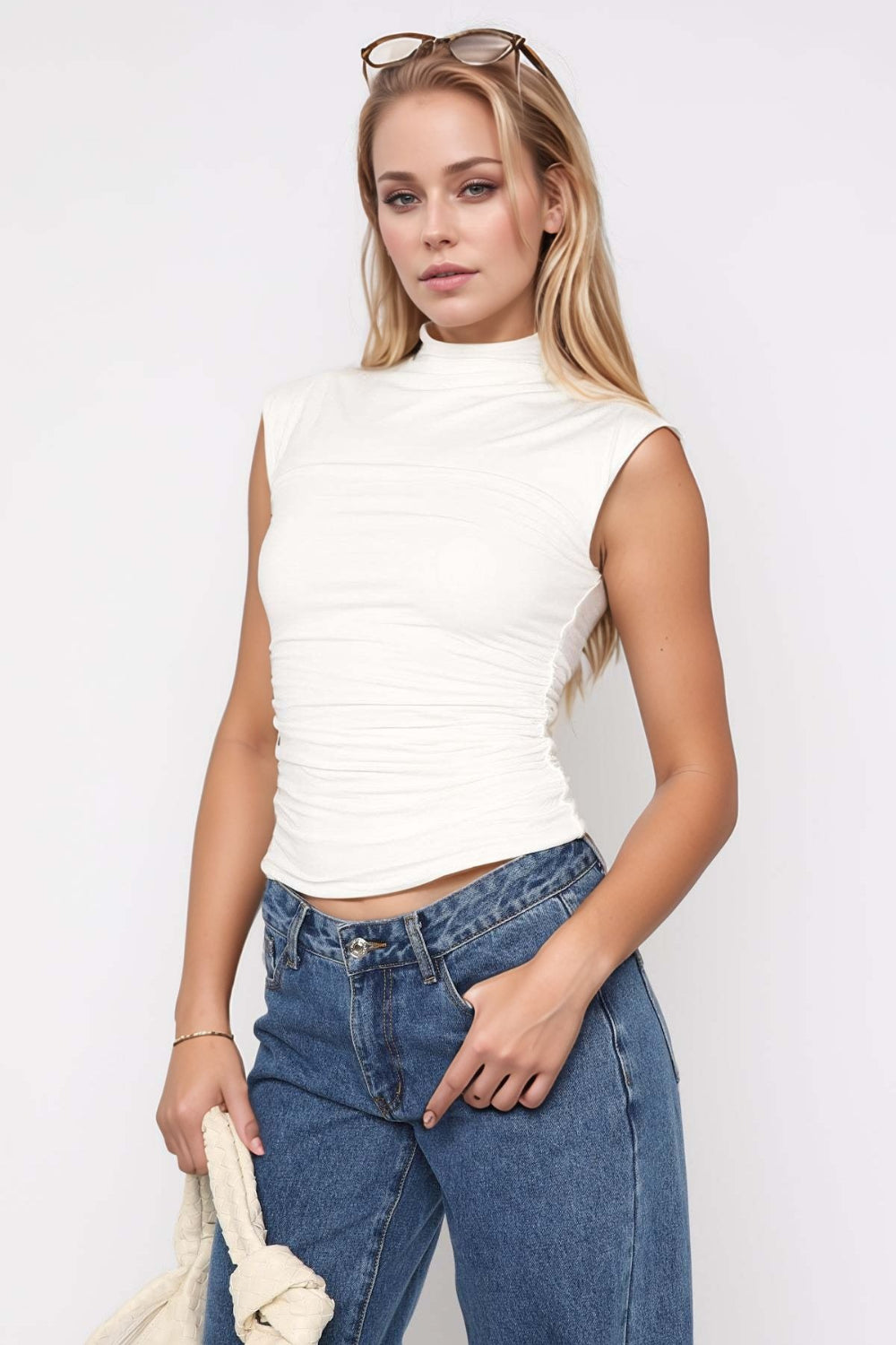 Mock neck ruched tank top.