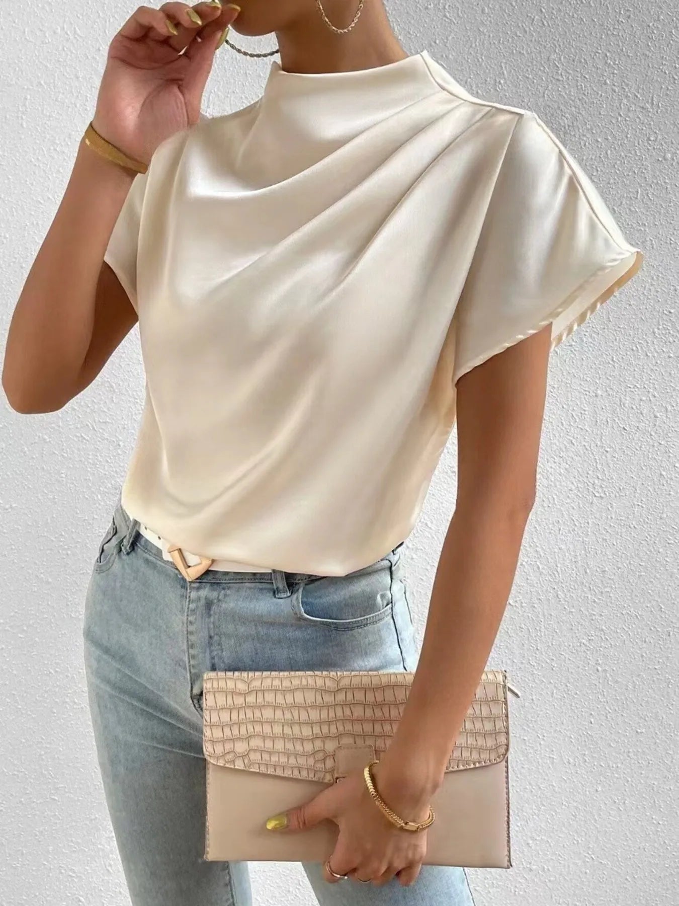 Mock Neck Short Sleeve Satin Blouse.