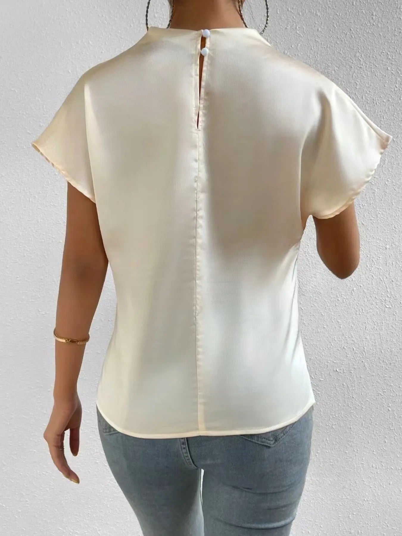 Mock Neck Short Sleeve Satin Blouse.