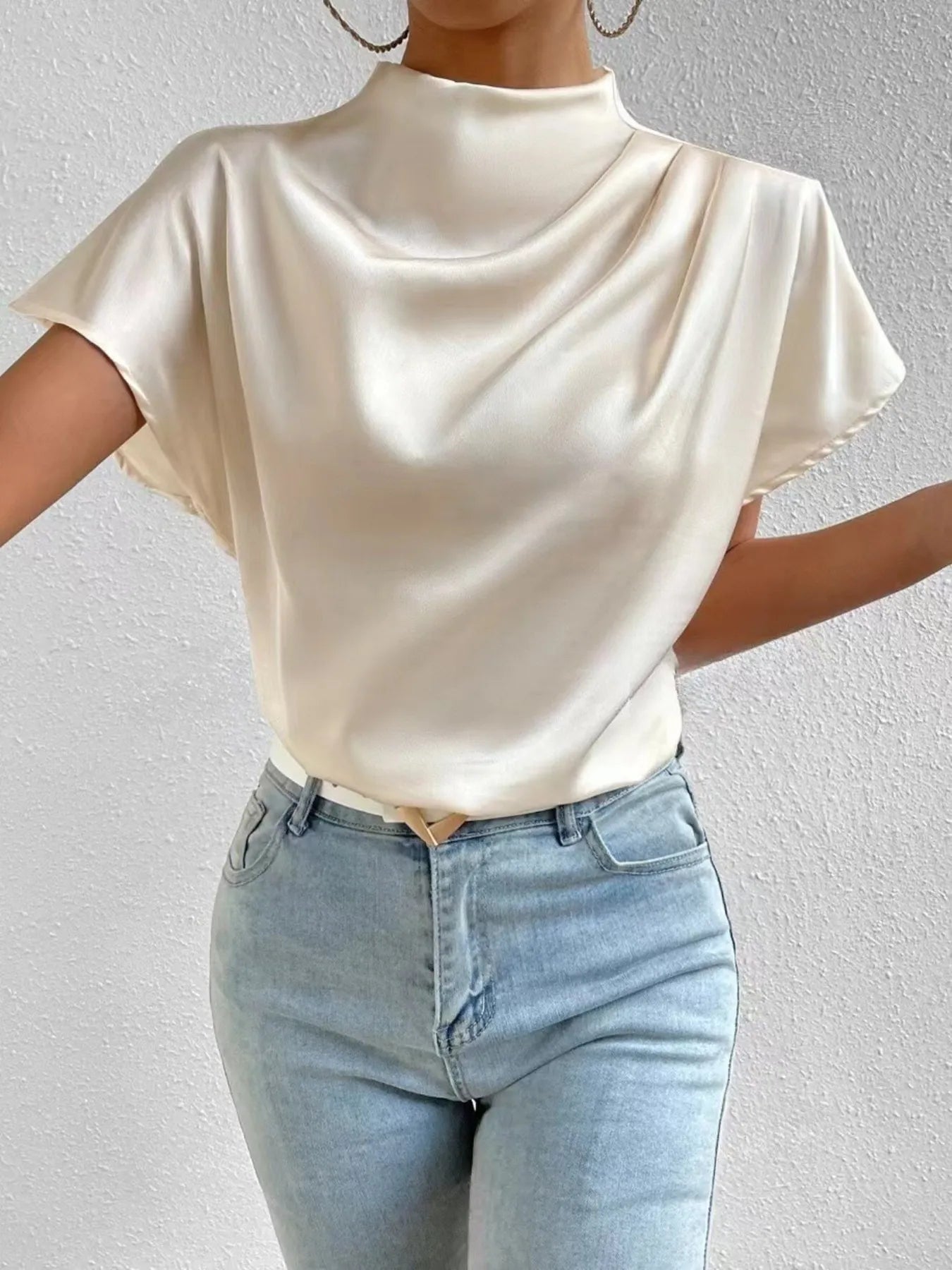 Mock Neck Short Sleeve Satin Blouse.