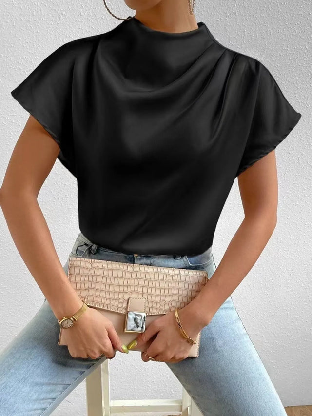 Mock Neck Short Sleeve Satin Blouse.