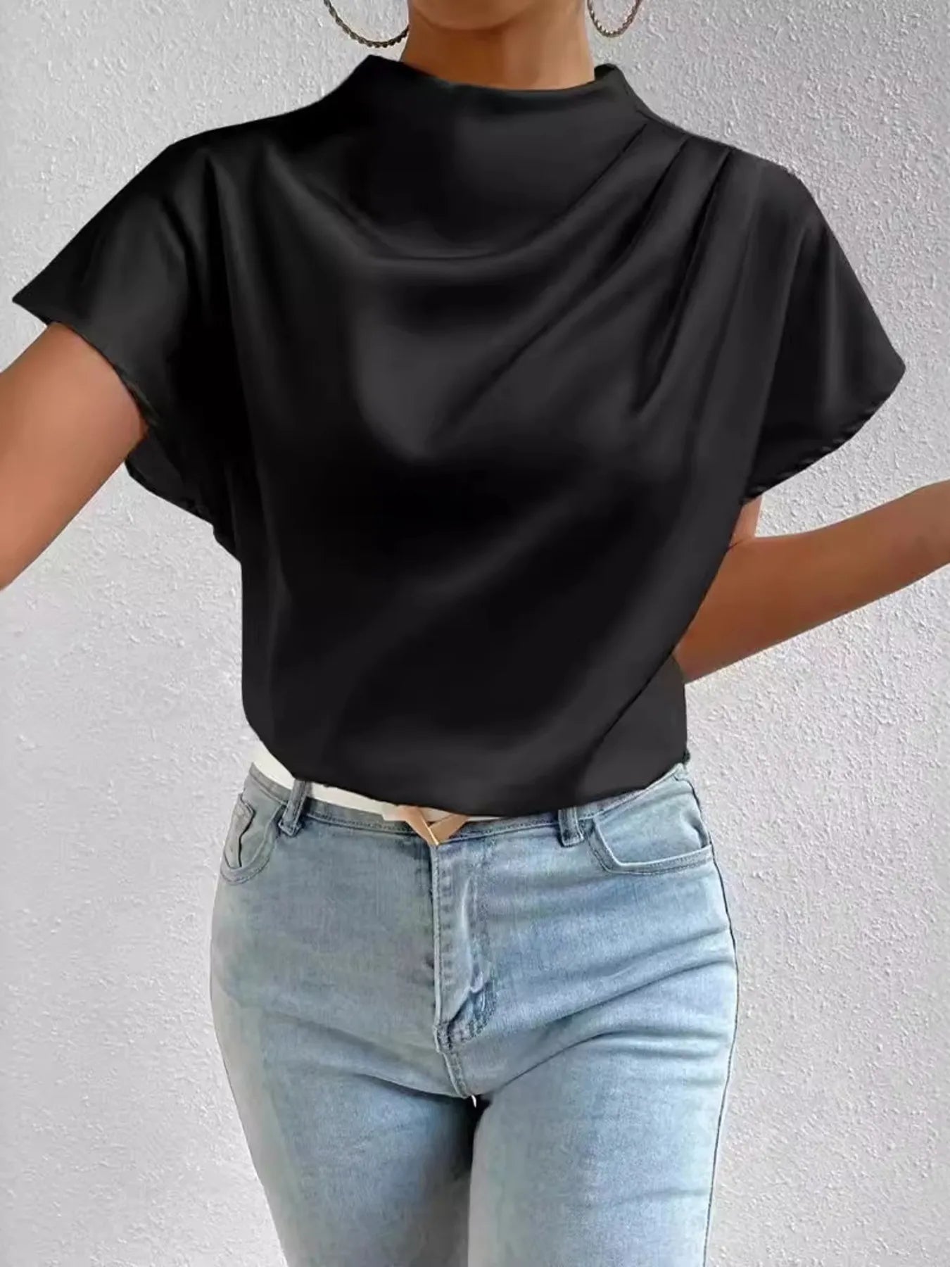 Mock Neck Short Sleeve Satin Blouse.