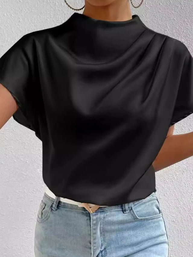Mock Neck Short Sleeve Satin Blouse.