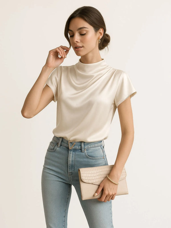 Mock Neck Short Sleeve Satin Blouse.