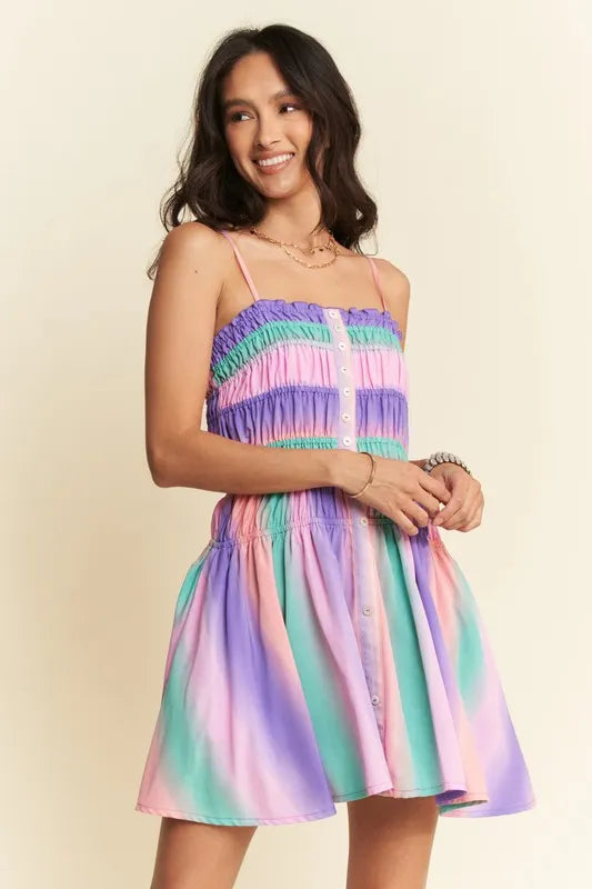Floral Print Contrast Trim V Neck Bubble Short Sleeve Babydoll Dress.
