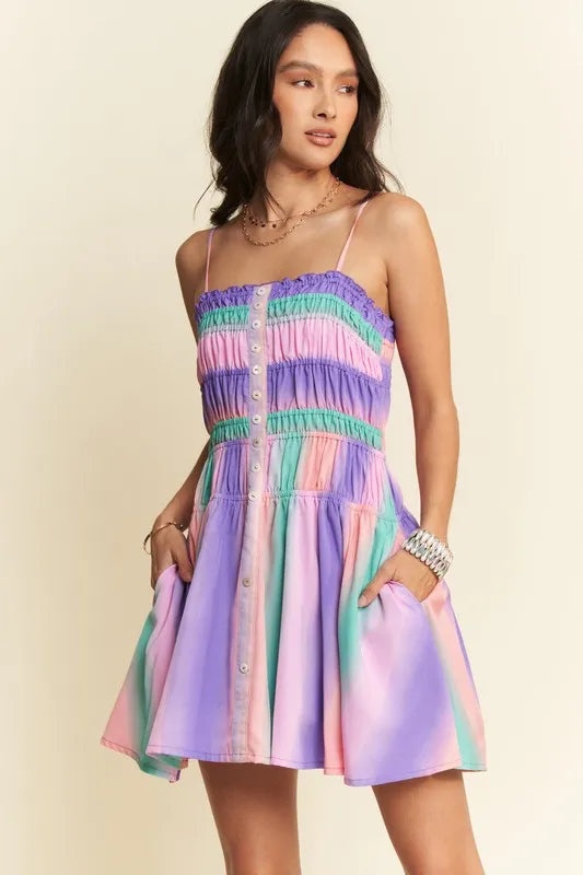 Davi & Dani Multi Color Ombre Printed Bodice Button Up Dress.