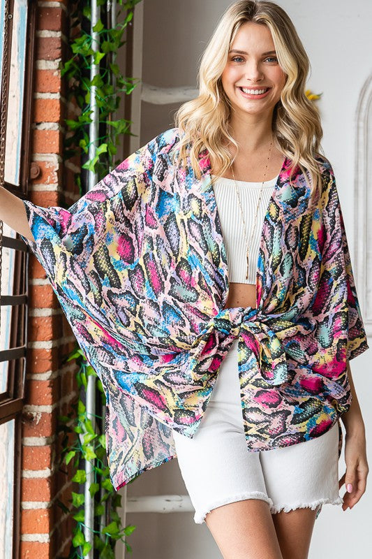 Plus size multi-color snake print open cardigan with side slit.