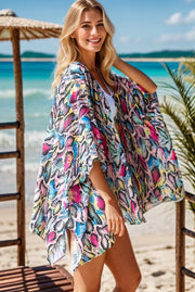 Plus size multi-color snake print open cardigan with side slit.