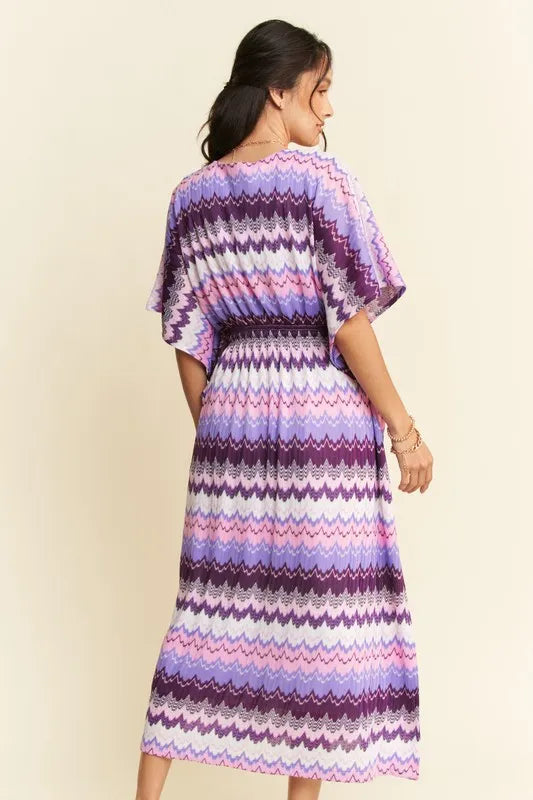 Davi & Dani Multi Color Wavy Tie Waist Flowy Sleeve Dress.