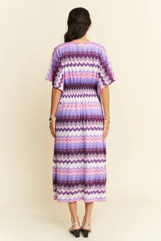 Davi & Dani Multi Color Wavy Tie Waist Flowy Sleeve Dress.