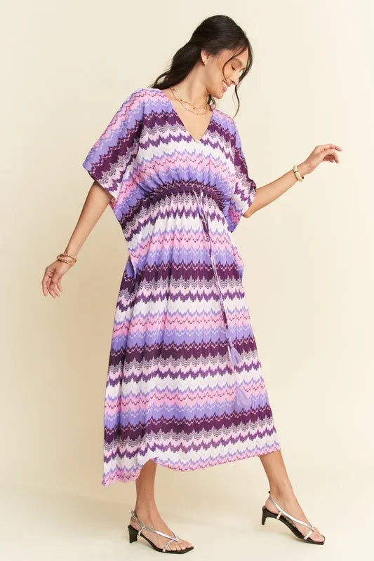 Davi & Dani Multi Color Wavy Tie Waist Flowy Sleeve Dress.