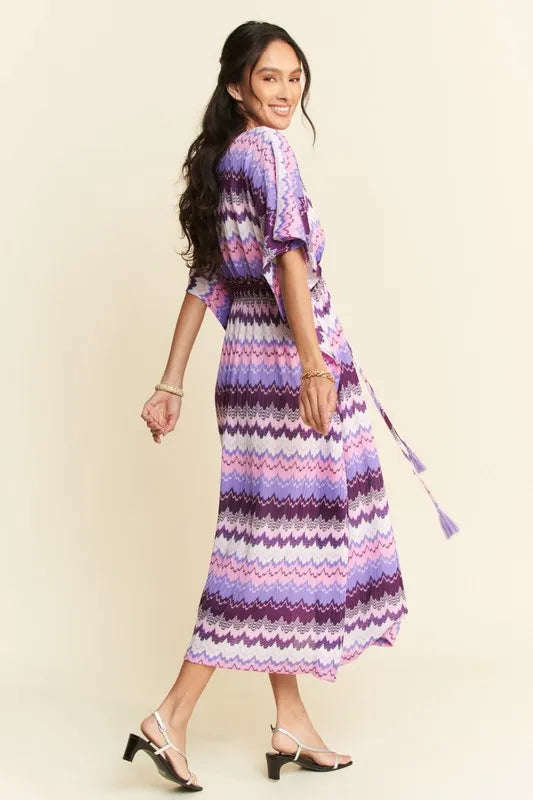 Davi & Dani Multi Color Wavy Tie Waist Flowy Sleeve Dress.