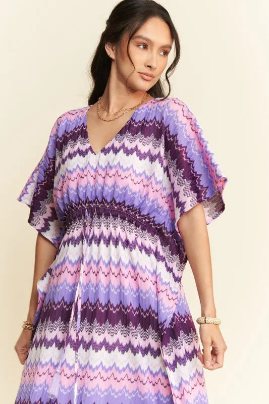 Davi & Dani Multi Color Wavy Tie Waist Flowy Sleeve Dress.